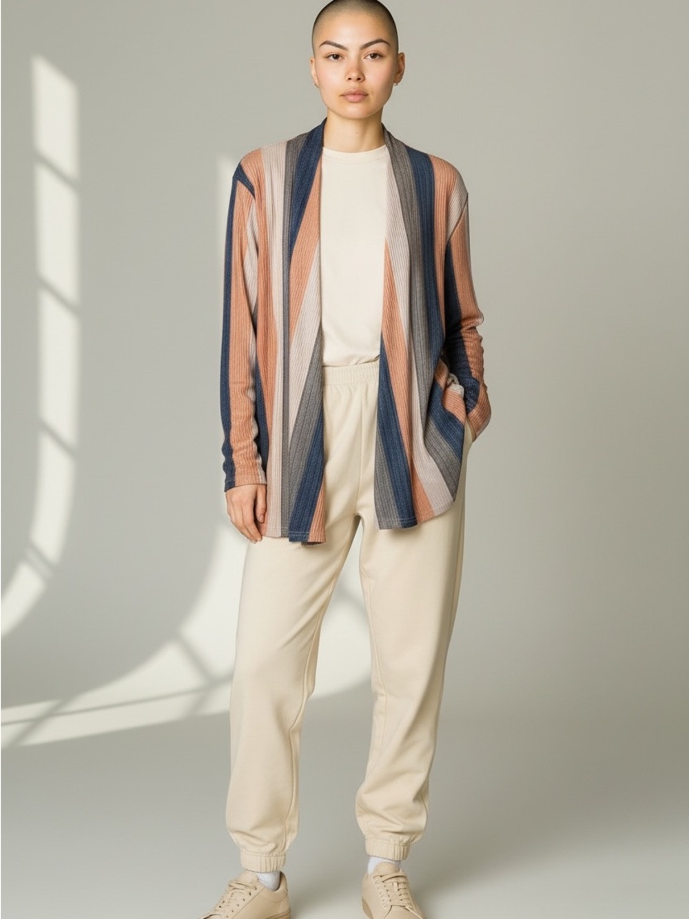 Vertical Stripe Longline Trench Coatigan in Blue, Tan & Cream